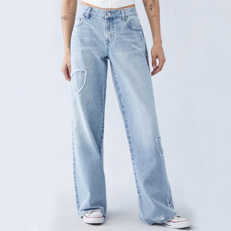 Women's Street Style Embroidered Butterfly Jeans – Frayed Baggy Trousers with Side Design