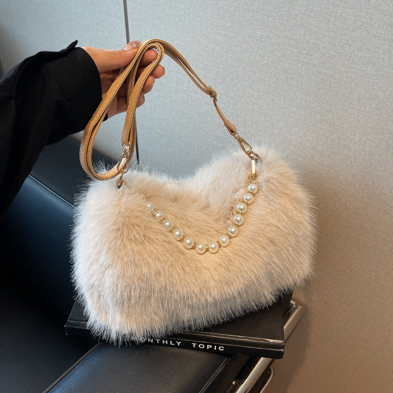 Autumn Winter Plush Shoulder Bag with Pearl Chain – Fashionable Versatile Women's Crossbody Armpit Bag