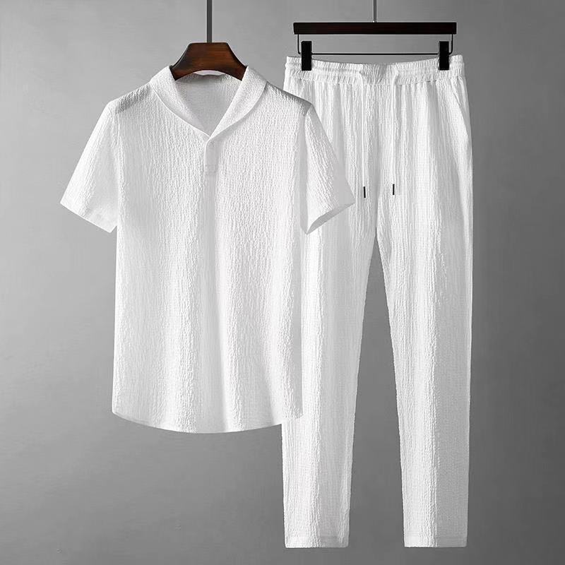 Summer Leisure Suit for Men - Loose Short Sleeve Top & Drawstring Trousers Fashionable Casual Outfit
