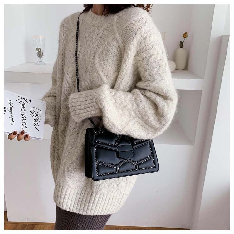 Small Square Shoulder Bag with Studs, Fashionable Crossbody Bag for Women