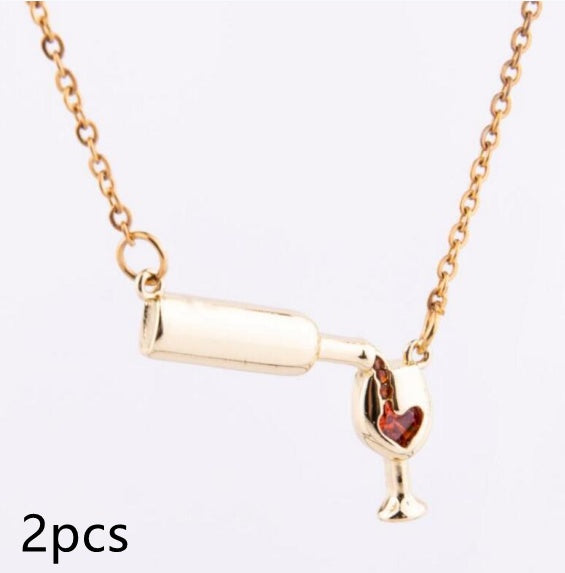 Wine Bottle & Cup Pendant Necklace for Women – Red Enamel Heart Love Cheers Chain Necklace, Perfect Gift for Wine Lovers