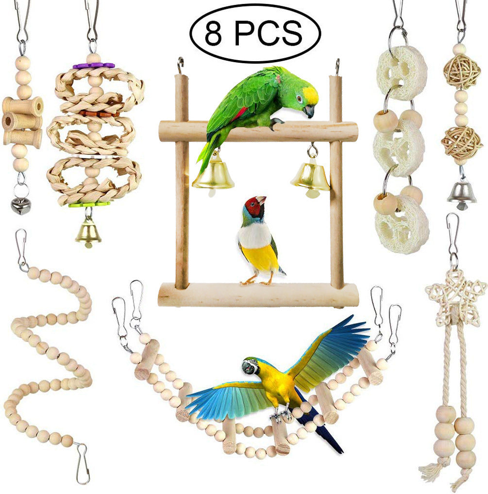 Premium 8-Piece Parrot Toy Set - Natural Wood Chewing & Climbing Toys for Bird Mental Stimulation & Health