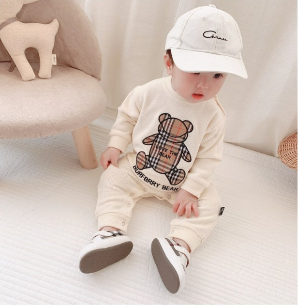 Trendy Baby Rompers for Boys & Girls – Plaid Onesies with Cute Bear Design, Infant Jumpsuits for Newborns, Stylish Children's Wear