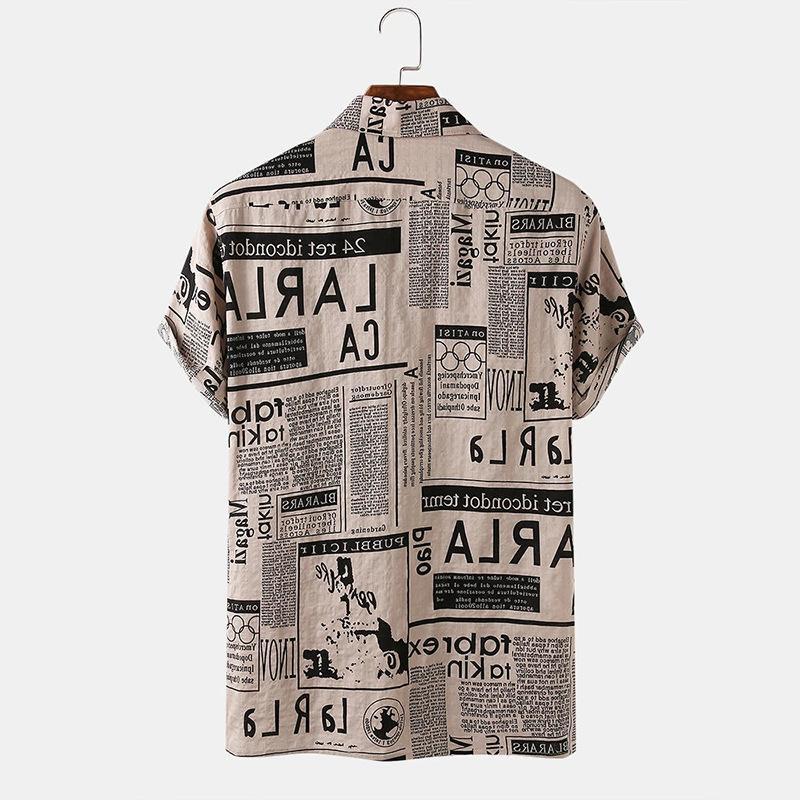 Men's Vintage Newspaper Print Hawaiian Shirt Casual Summer Beach Shirt