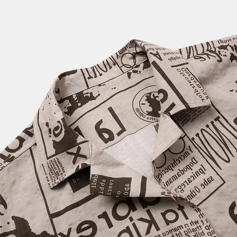 Men's Vintage Newspaper Print Hawaiian Shirt Casual Summer Beach Shirt