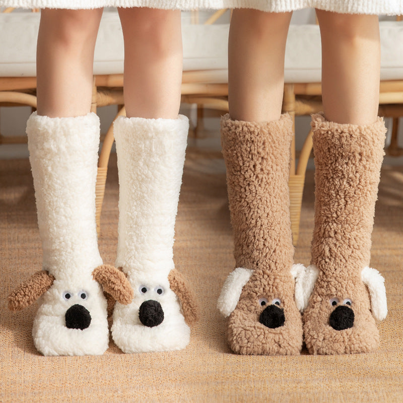 Women's Cute Cartoon Dog Floor Socks – Warm Plush Non-Slip Winter Socks for Cozy Comfort