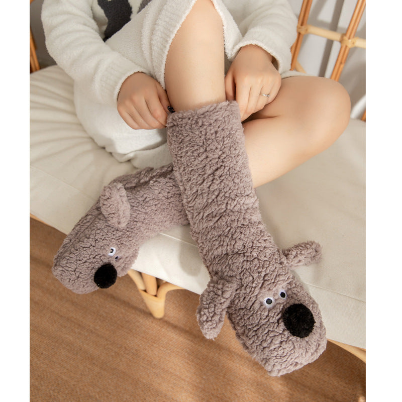 Women's Cute Cartoon Dog Floor Socks – Warm Plush Non-Slip Winter Socks for Cozy Comfort