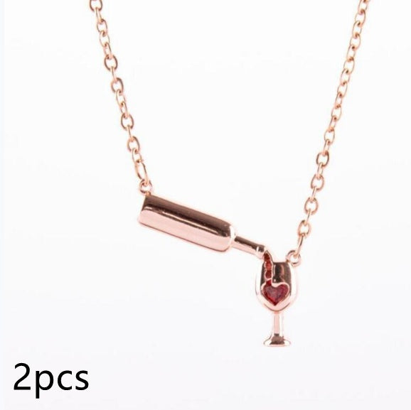 Wine Bottle & Cup Pendant Necklace for Women – Red Enamel Heart Love Cheers Chain Necklace, Perfect Gift for Wine Lovers