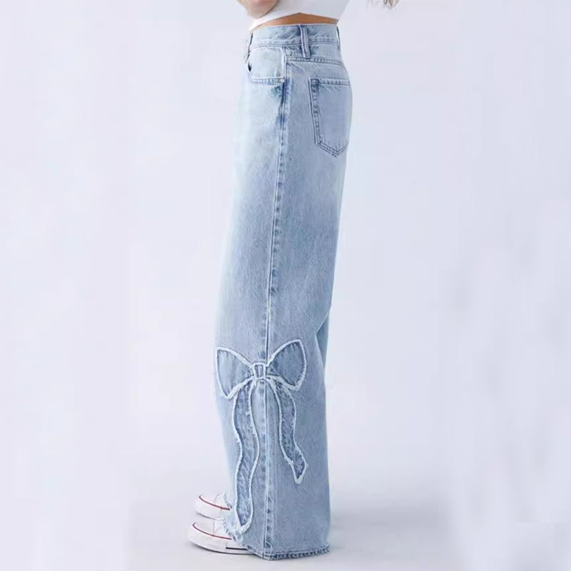 Women's Street Style Embroidered Butterfly Jeans – Frayed Baggy Trousers with Side Design