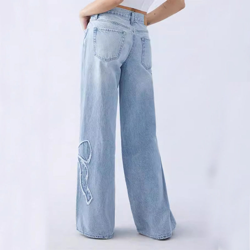 Women's Street Style Embroidered Butterfly Jeans – Frayed Baggy Trousers with Side Design