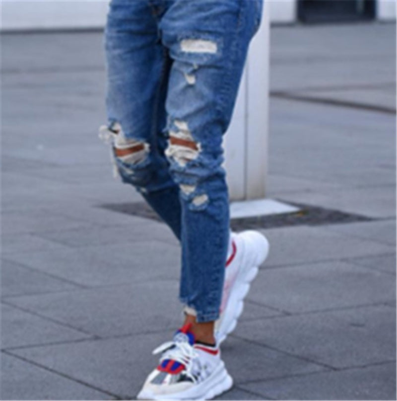 Stylish Hole Men's Ripped Jeans – Trendy Casual Denim Pants