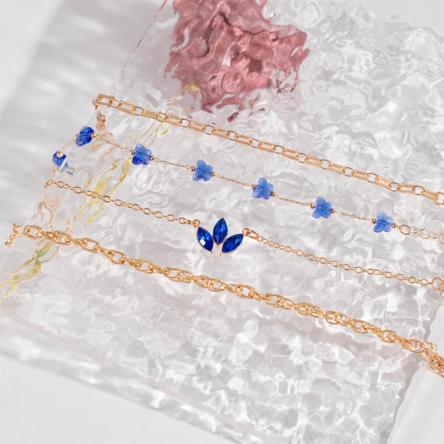 4PCS Blue Flower Love Butterfly Bracelet Set with Rhinestone Design – Valentine's Day Gift for Women
