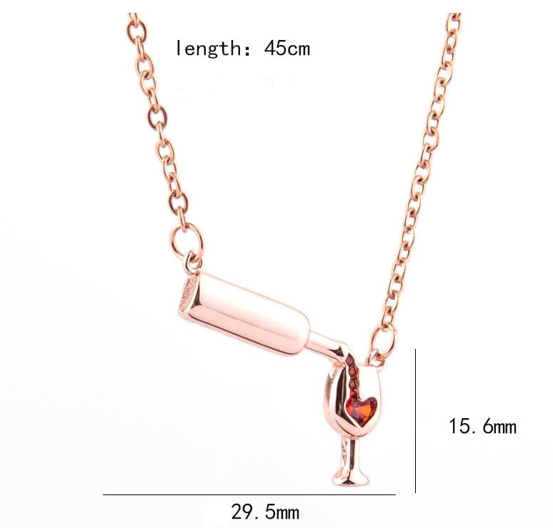 Wine Bottle & Cup Pendant Necklace for Women – Red Enamel Heart Love Cheers Chain Necklace, Perfect Gift for Wine Lovers