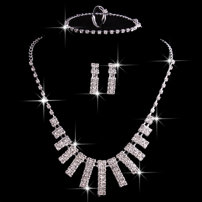 4-Piece Rhinestone Necklace Set with Earrings, Ring, and Bracelet - Elegant Fashion Jewelry for Women