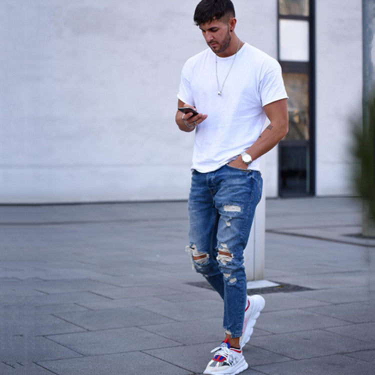 Stylish Hole Men's Ripped Jeans – Trendy Casual Denim Pants