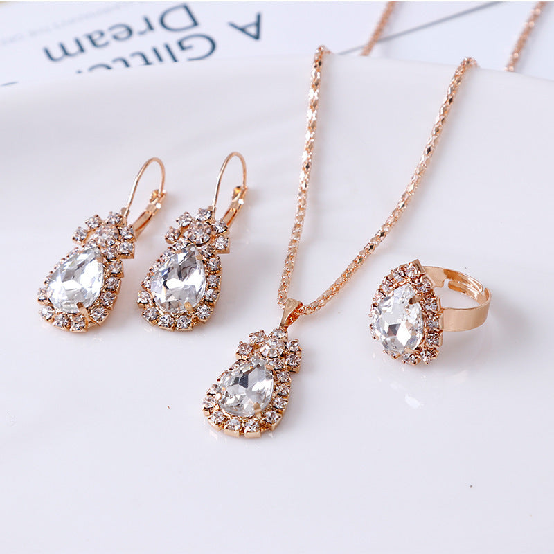 Water Drop Rhinestone Necklace, Earrings, and Ring Set – Elegant Jewelry Set for Women