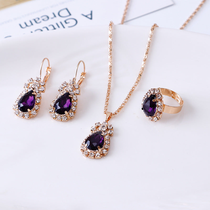 Water Drop Rhinestone Necklace, Earrings, and Ring Set – Elegant Jewelry Set for Women