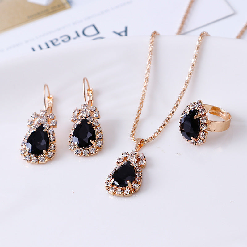 Water Drop Rhinestone Necklace, Earrings, and Ring Set – Elegant Jewelry Set for Women