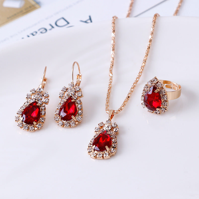 Water Drop Rhinestone Necklace, Earrings, and Ring Set – Elegant Jewelry Set for Women
