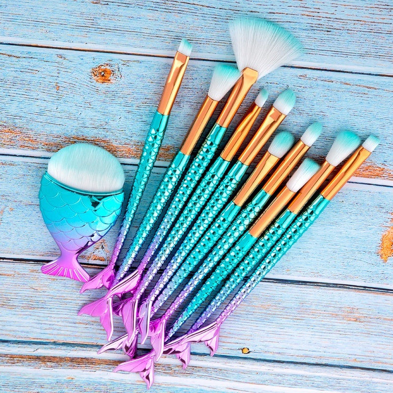 11-Piece Mermaid Makeup Brushes Kit – Foundation, Eyebrow, Eyeliner Brushes for Cosmetics