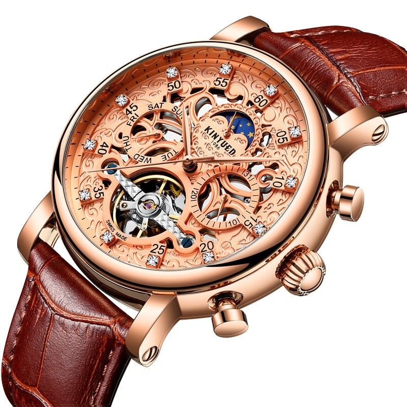 Genuine Leather Men's Automatic Watch – Hollow Mechanical Watch, Accurate Travel Time