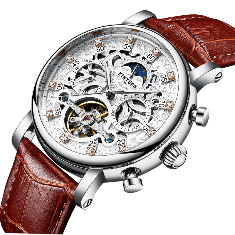 Genuine Leather Men's Automatic Watch – Hollow Mechanical Watch, Accurate Travel Time