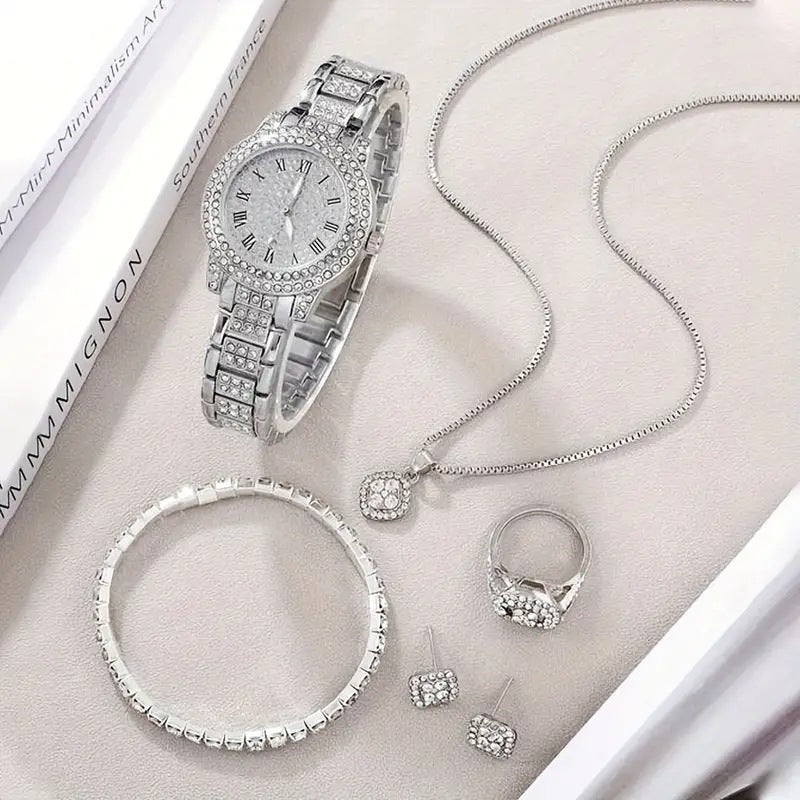 Women's Diamond Fashion Roman Quartz Watch Five-piece Set – Elegant Luxury Wristwatch Collection for Women