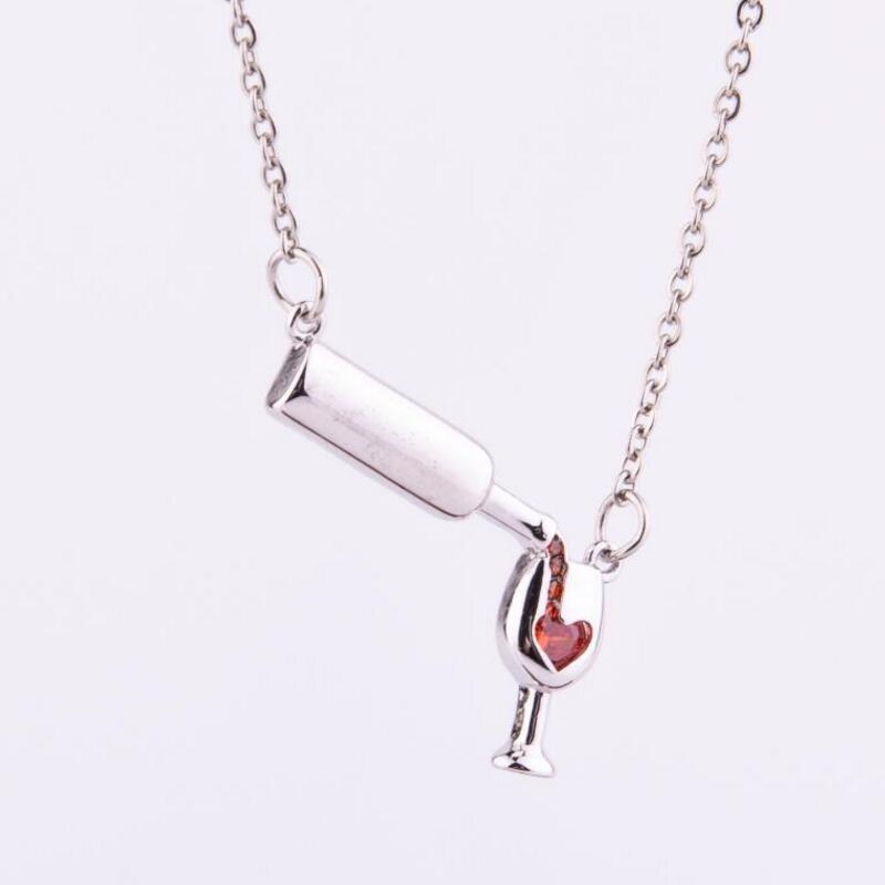 Wine Bottle & Cup Pendant Necklace for Women – Red Enamel Heart Love Cheers Chain Necklace, Perfect Gift for Wine Lovers