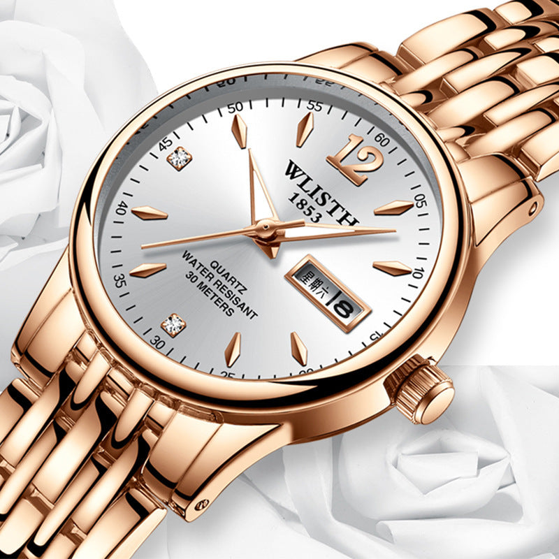 Women’s Rose Gold Stainless Steel Dress Watch – WLISTH Brand Luxury Quartz Wristwatch with Week & Date Display for Ladies