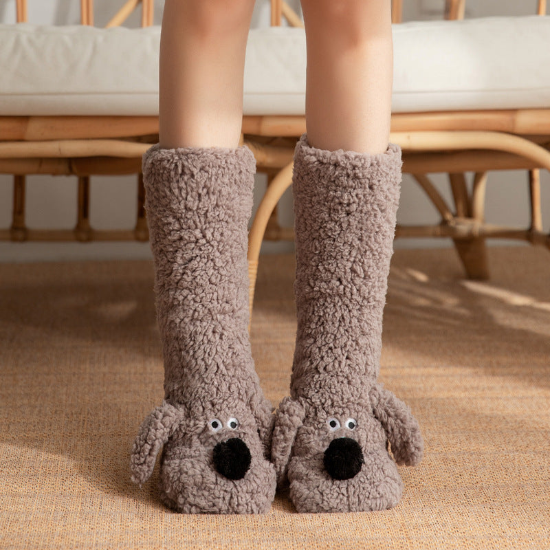 Women's Cute Cartoon Dog Floor Socks – Warm Plush Non-Slip Winter Socks for Cozy Comfort