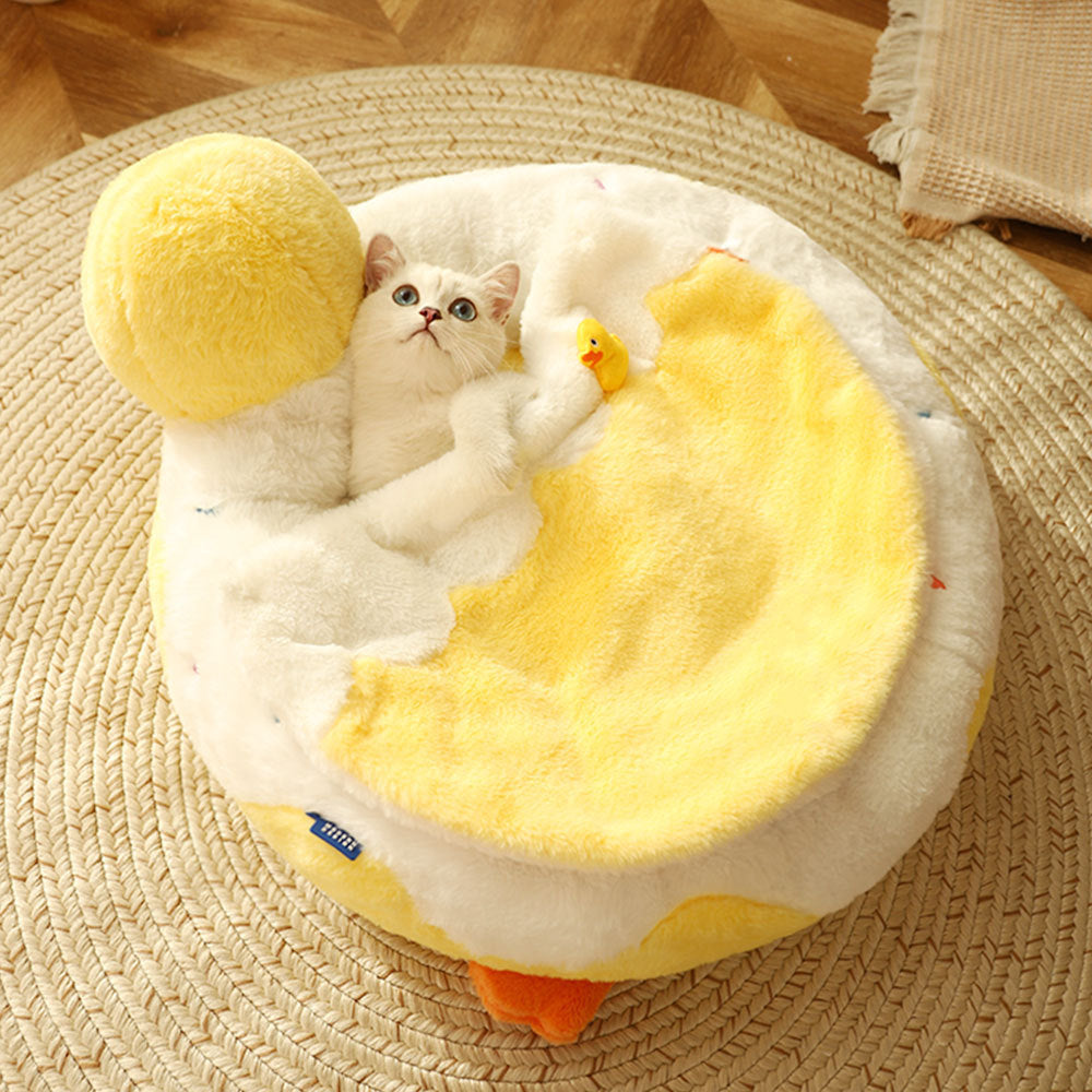 Premium All-Season Cat Bed - Ultra-Cozy Warm Pet Nest with Optional Duckling Quilt