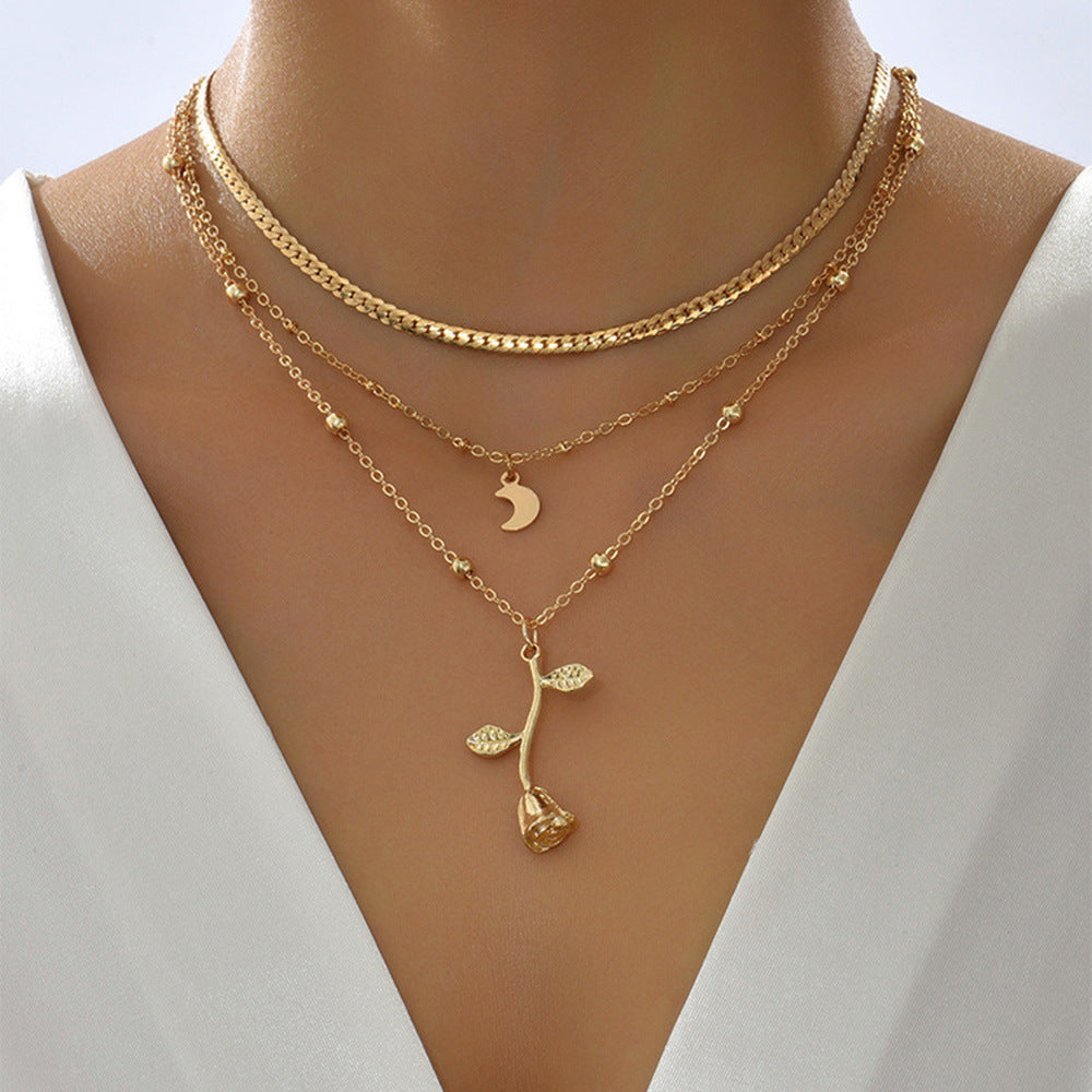 Bohemia Multilayer Gold Moon Pendant Necklace for Women – Rose Flower Choker, Fashion Jewelry, Perfect Valentine's Day Gift