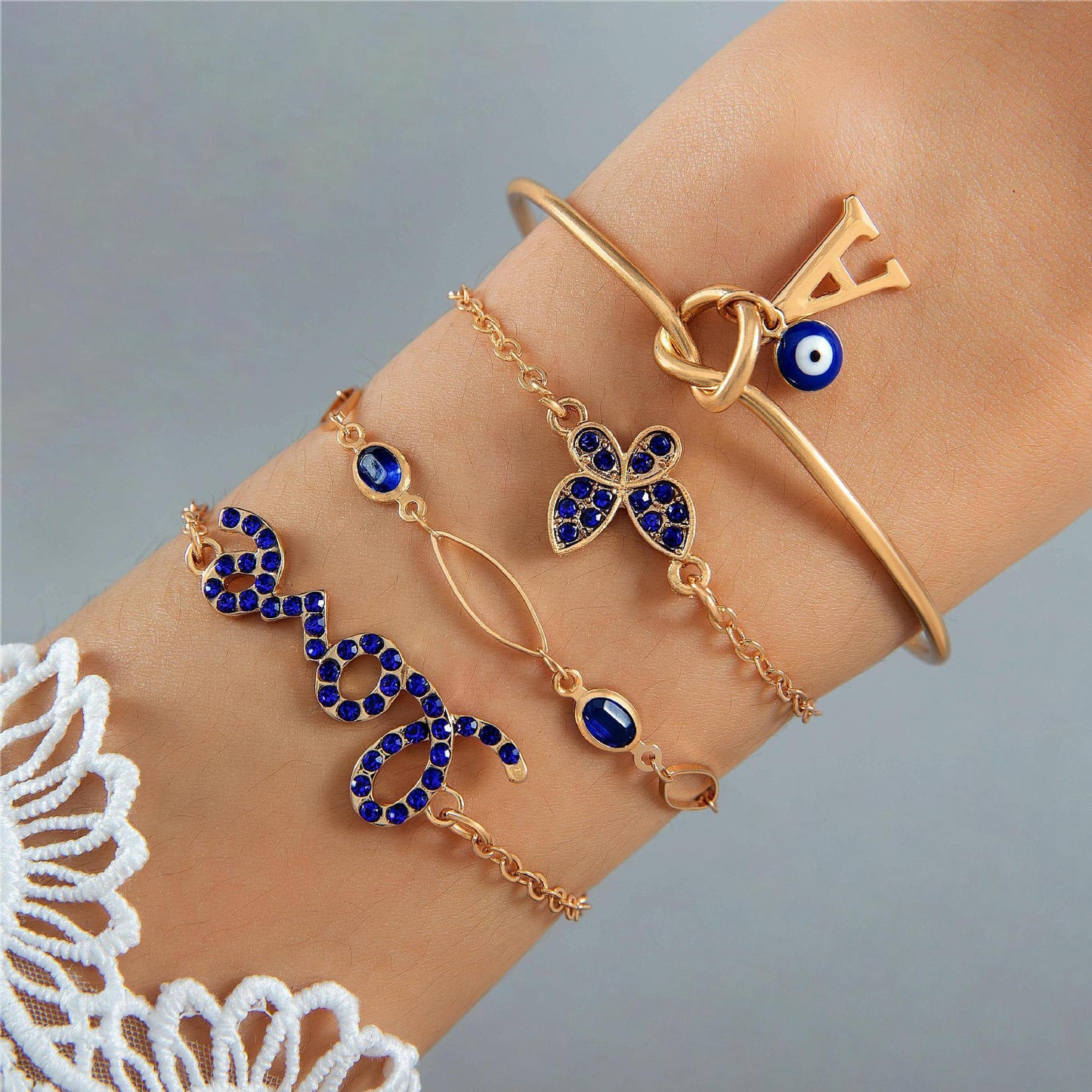 4PCS Blue Flower Love Butterfly Bracelet Set with Rhinestone Design – Valentine's Day Gift for Women