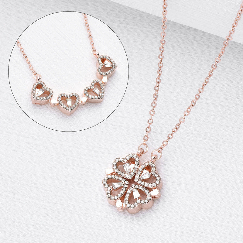 Retro Magnetic Folding Heart Necklace - Four-Leaf Clover Pendant Clavicle Chain Jewelry Gift for Women