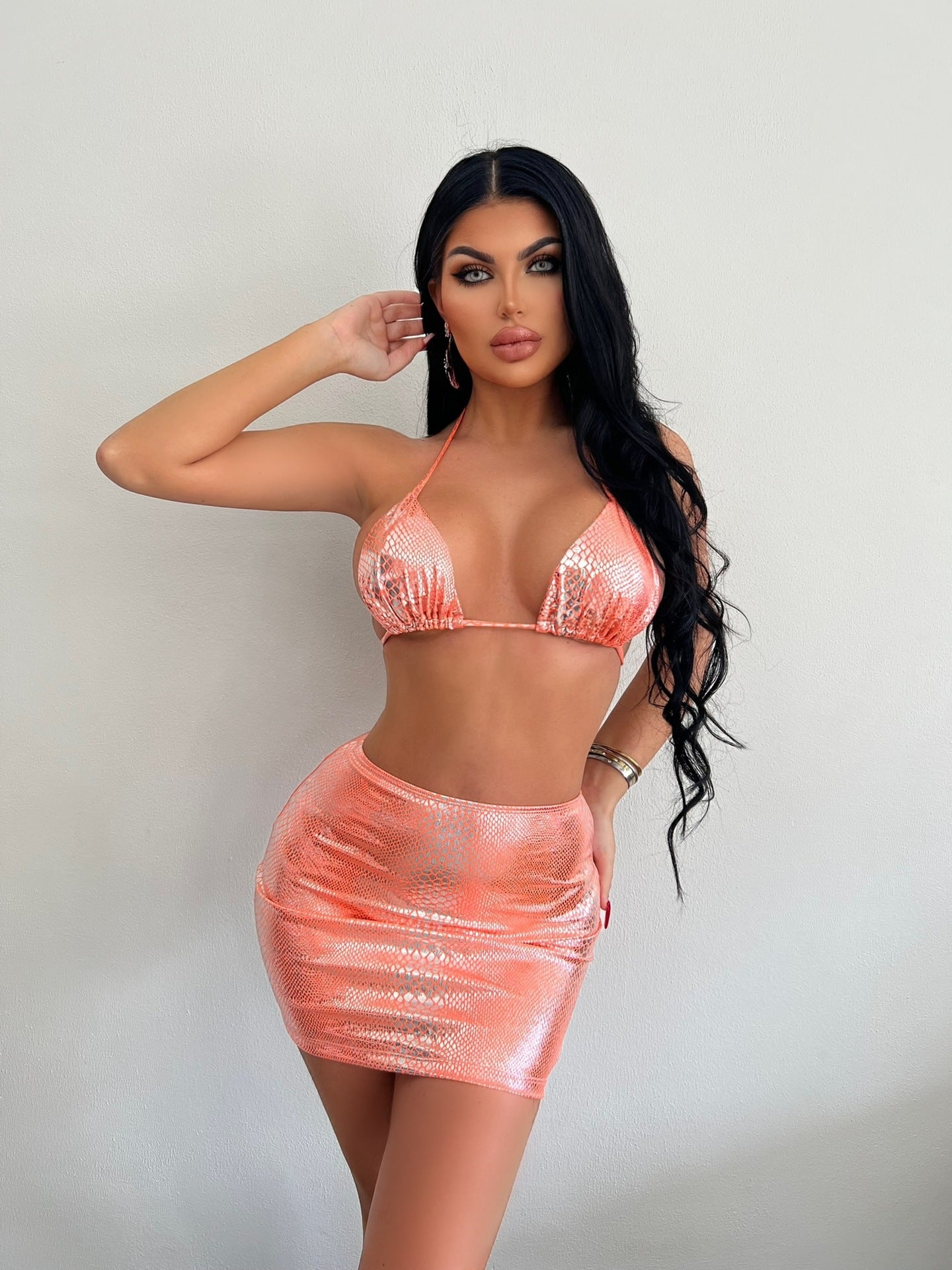 Women's 3-Piece Halter Bikini Set – Snake Pattern Swimsuit with Cover-Up Skirt for Summer Beach & Pool