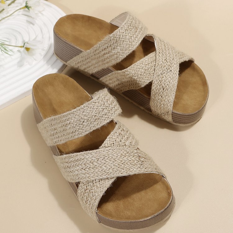 Women's Woven Cross-Strap Platform Sandals – Flat Summer Beach Shoes for Casual Comfort