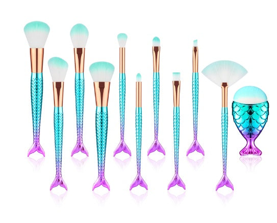11-Piece Mermaid Makeup Brushes Kit – Foundation, Eyebrow, Eyeliner Brushes for Cosmetics