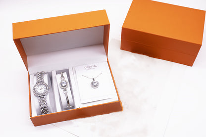 3-Piece Rhinestone Watch Set - Includes Bracelet and Necklace, Elegant Jewelry Set for Women