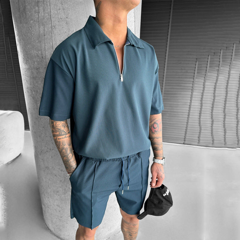 Summer Fashion Men's Clothing Set, Zipper Polo & Casual Shorts, Short Sleeve Drawstring Shorts Suit for Men