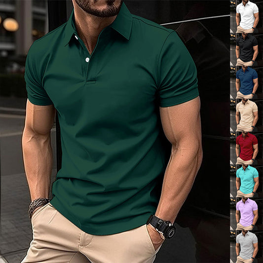 Summer Short Sleeve Polo Shirt for Men – Solid Color Button Lapel Top
