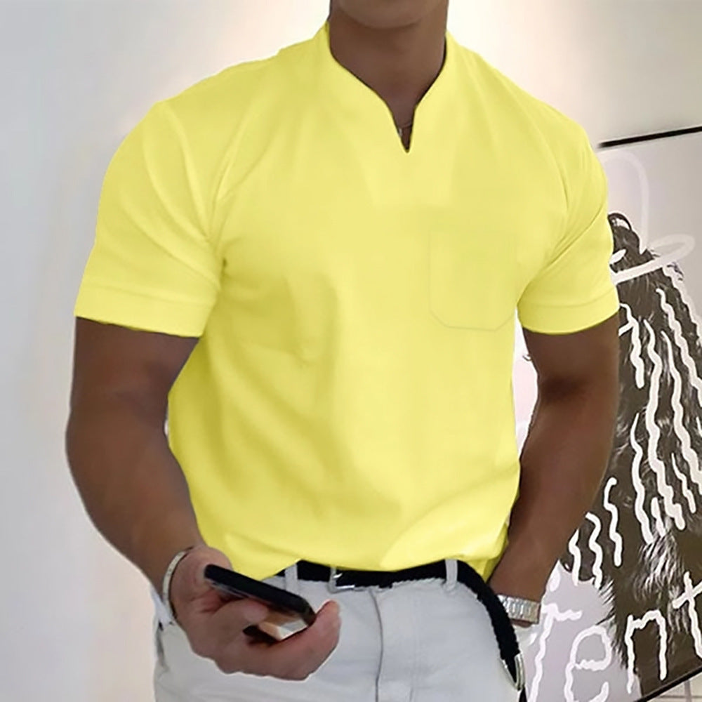 Summer Short Sleeve Shirt for Men – Plus Size Fitness Sports T-Shirt with Elastic Cotton and Pocket