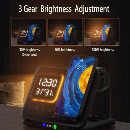 15W Wireless Charging Stand – 5-in-1 LED Digital Alarm Clock, Fast Charging Dock Station for Phones & Devices