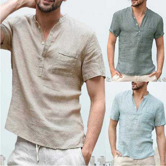 Casual Linen Solid Color V-Neck Shirt for Men, Summer Button Beach Shirt