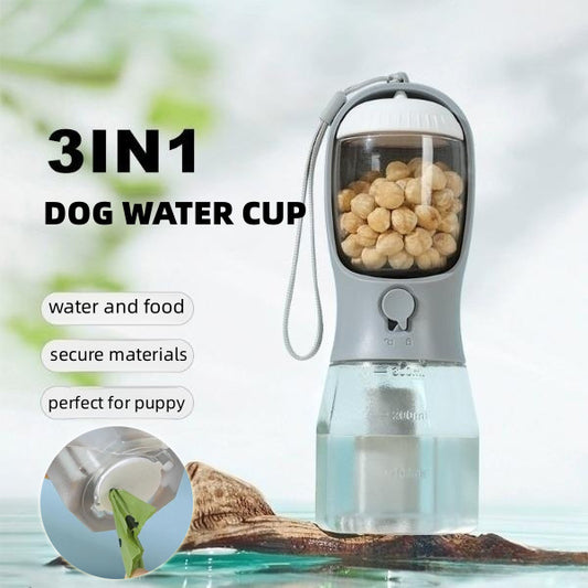 Premium 3-in-1 Pet Travel System - Portable Water Bottle, Food Container & Waste Bag Holder
