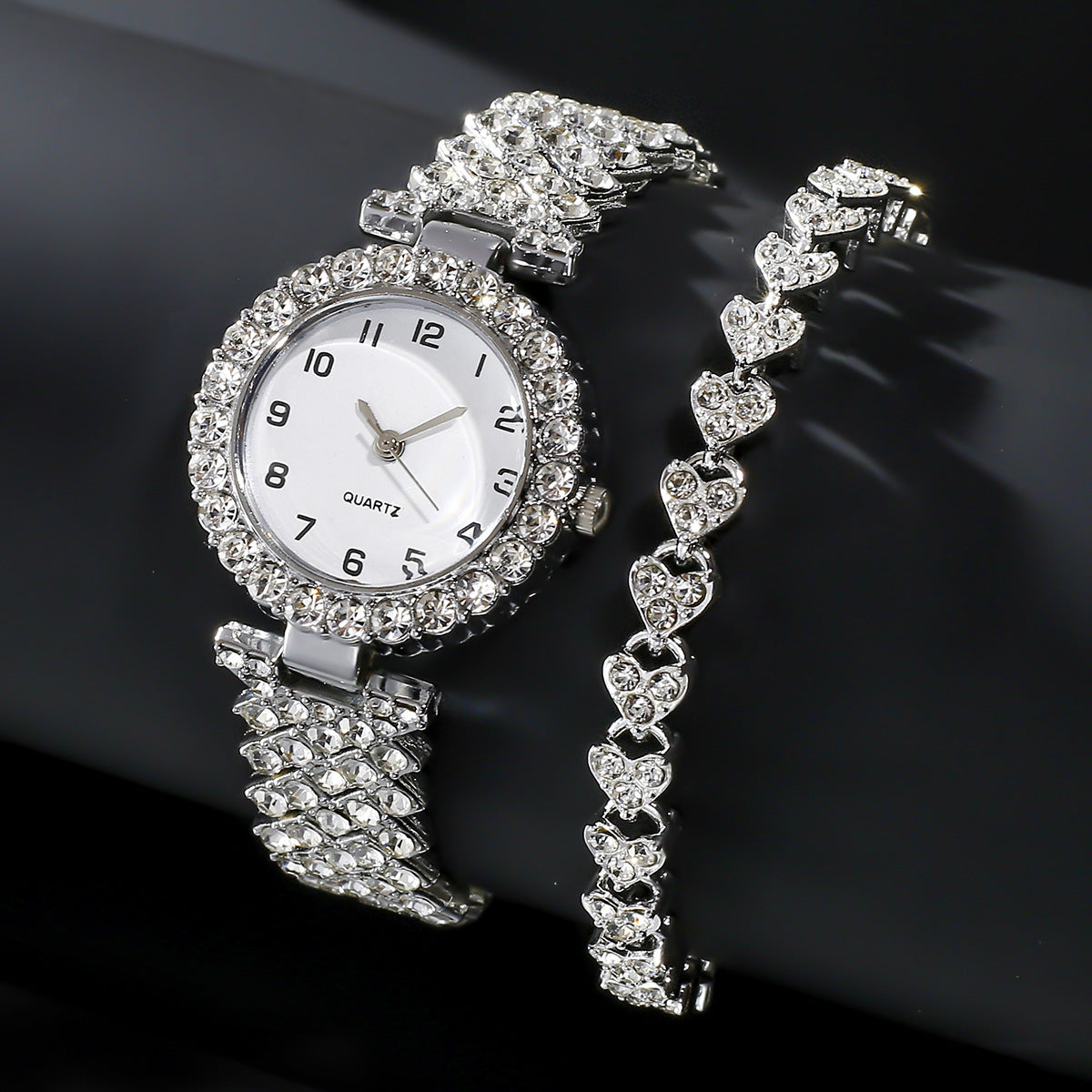 2-Piece Luxury Fashion Jewelry Set - Silver Strap Women's Watch and Alloy Bracelet Wristwatch Gift for Ladies