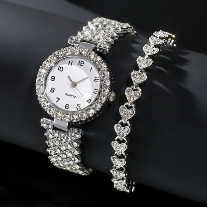2-Piece Luxury Fashion Jewelry Set - Silver Strap Women's Watch and Alloy Bracelet Wristwatch Gift for Ladies