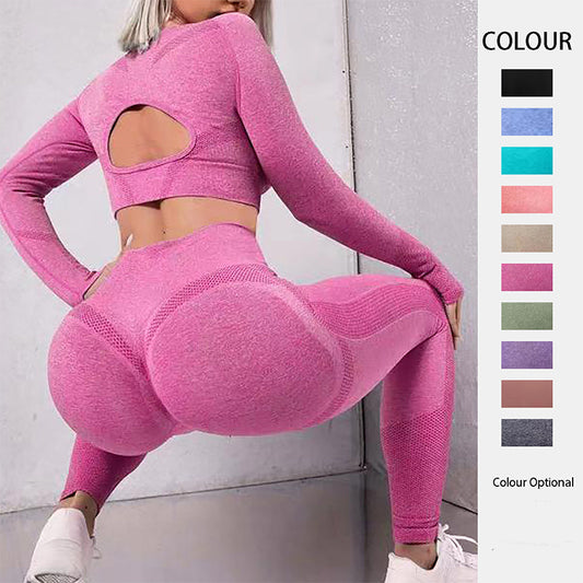 Women’s 2-Piece Sports Suit – Long Sleeve Hollow Design Top and Butt Lifting High Waist Leggings