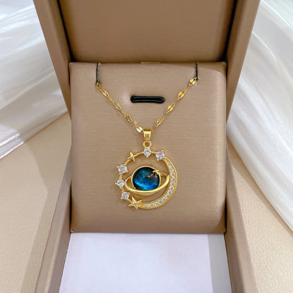Stainless Steel Starry Sky Planet Astronaut Necklace for Women – Light Luxurious Temperament Star Metal Chain Jewelry Gift