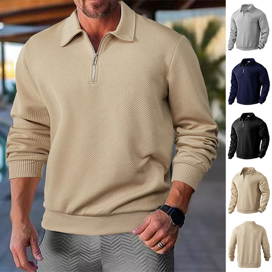 Lapel Jacquard Half-Zipper Sweatshirt for Men – Fashion Solid Color Long-sleeve Top