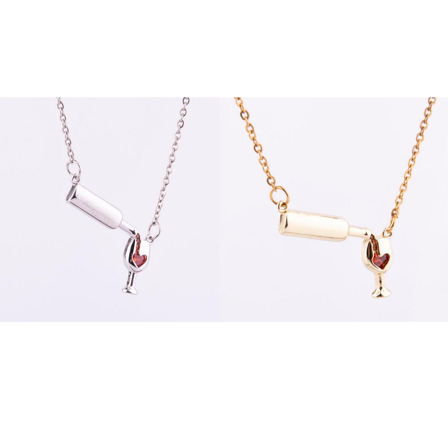 Wine Bottle & Cup Pendant Necklace for Women – Red Enamel Heart Love Cheers Chain Necklace, Perfect Gift for Wine Lovers